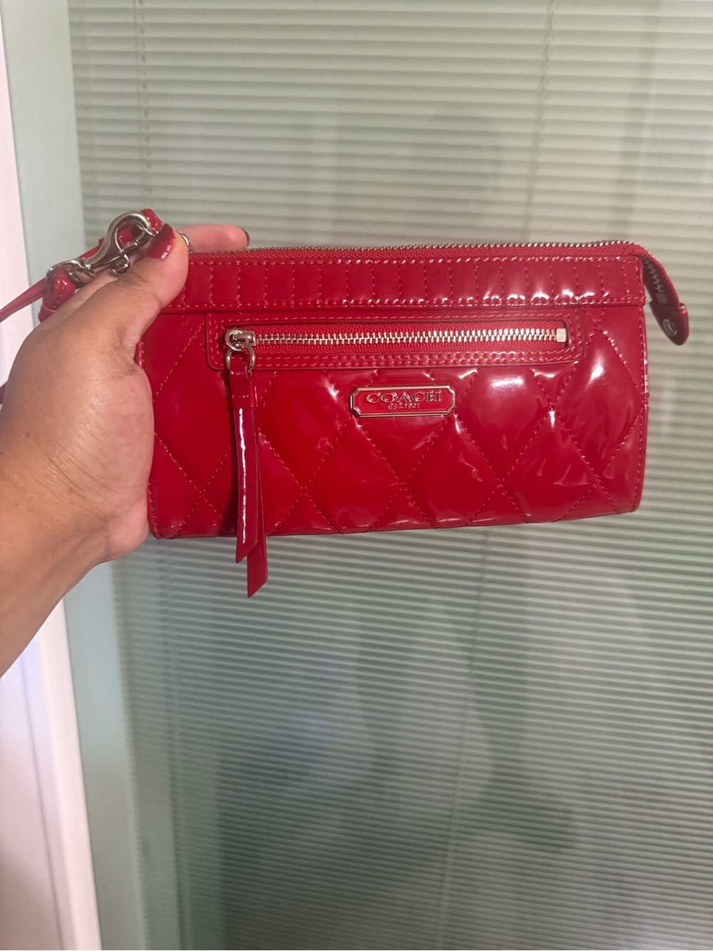 Coach Red Patent Quilted Wristlet with Front Zip